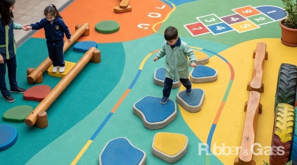 Patio psicomotriz escolar en Chile con circuitos seguros y juego activo